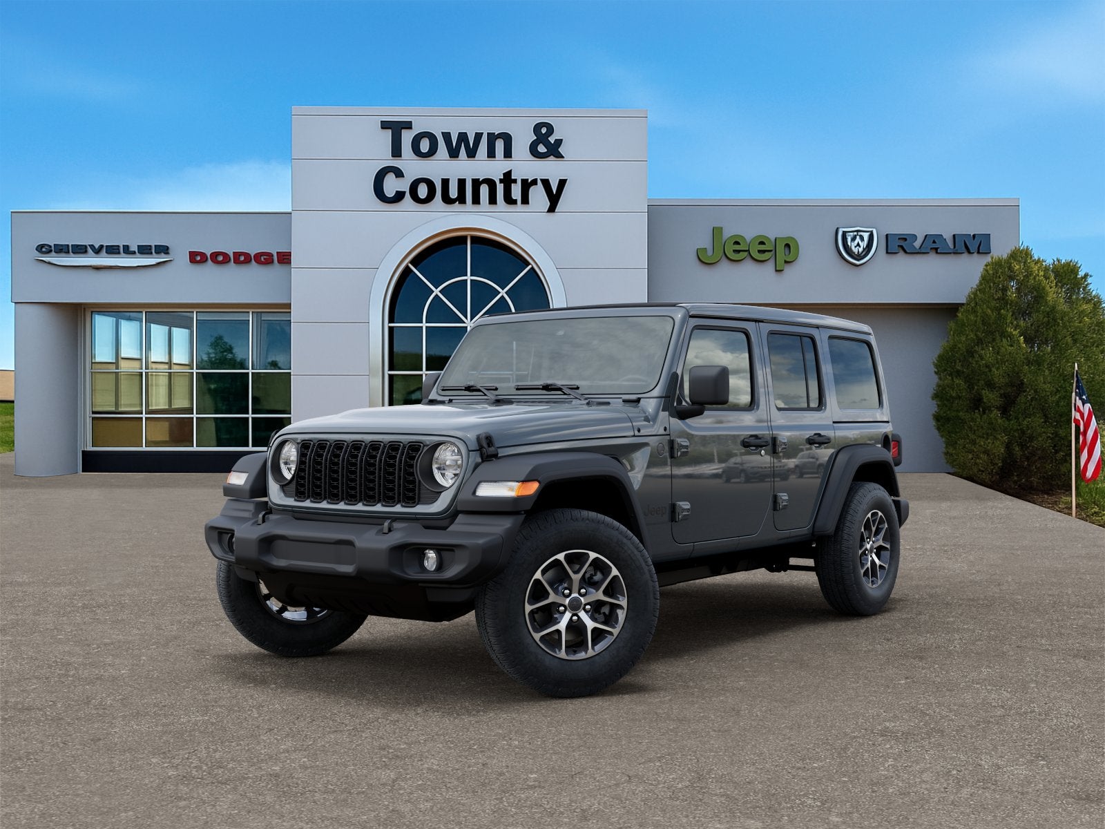 2026 Jeep Wrangler WRANGLER 4-DOOR SPORT S in Anvil Clear-Coat Exterior Paint — front three-quarter view