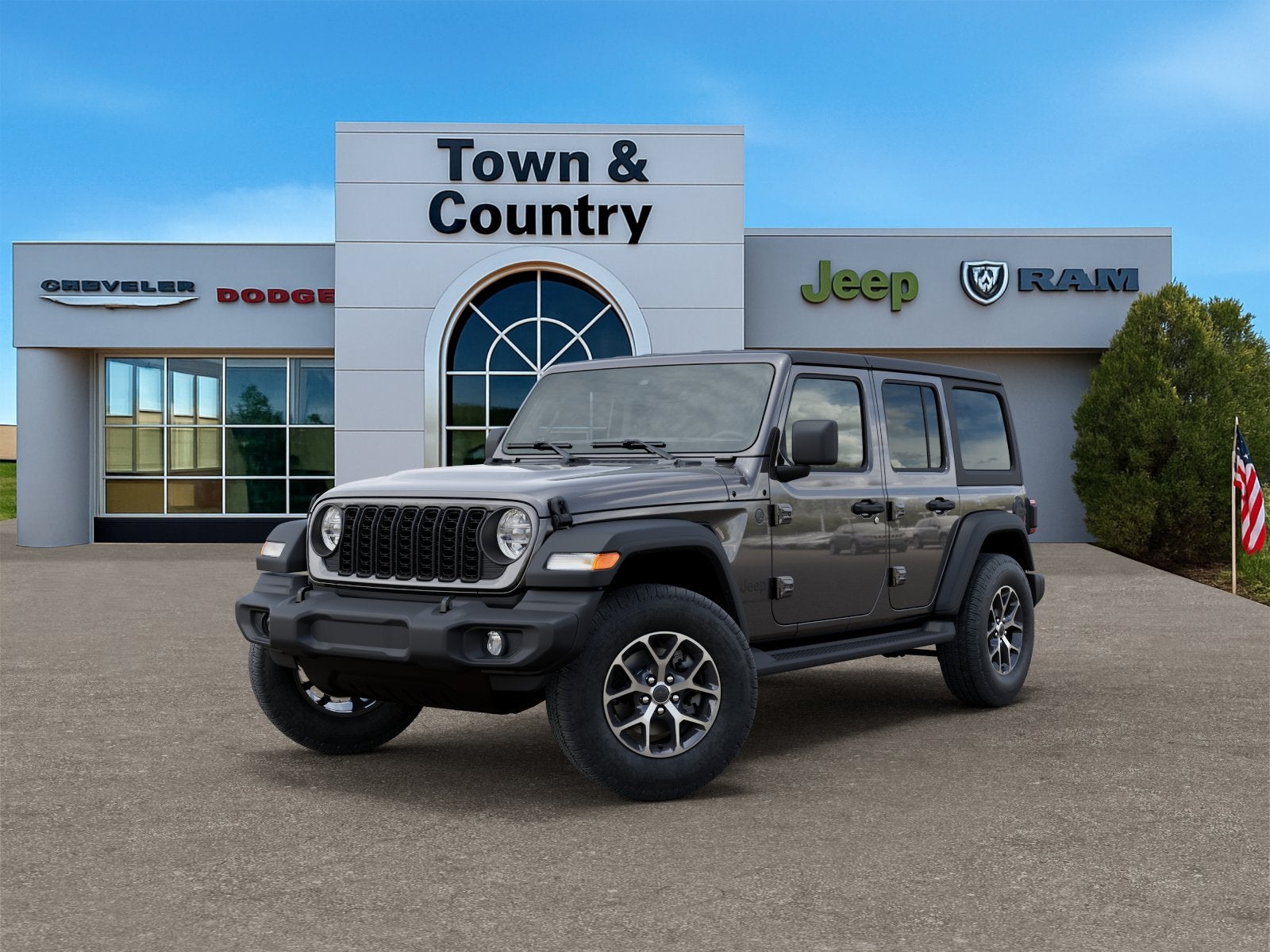 2026 Jeep Wrangler WRANGLER 4-DOOR SPORT S in Granite Crystal Metallic Clear-Coat Exterior Paint — front three-quarter view