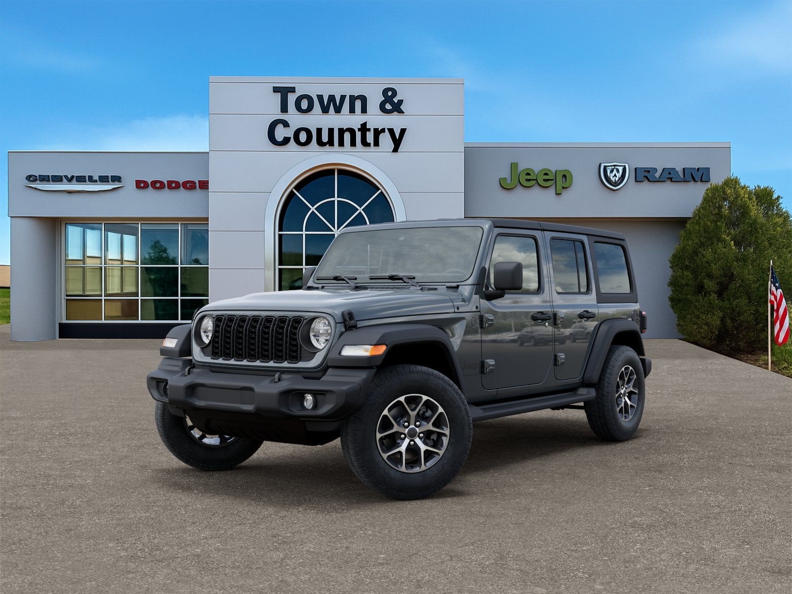 2026 Jeep Wrangler WRANGLER 4-DOOR SPORT S in Anvil Clear-Coat Exterior Paint — front three-quarter view