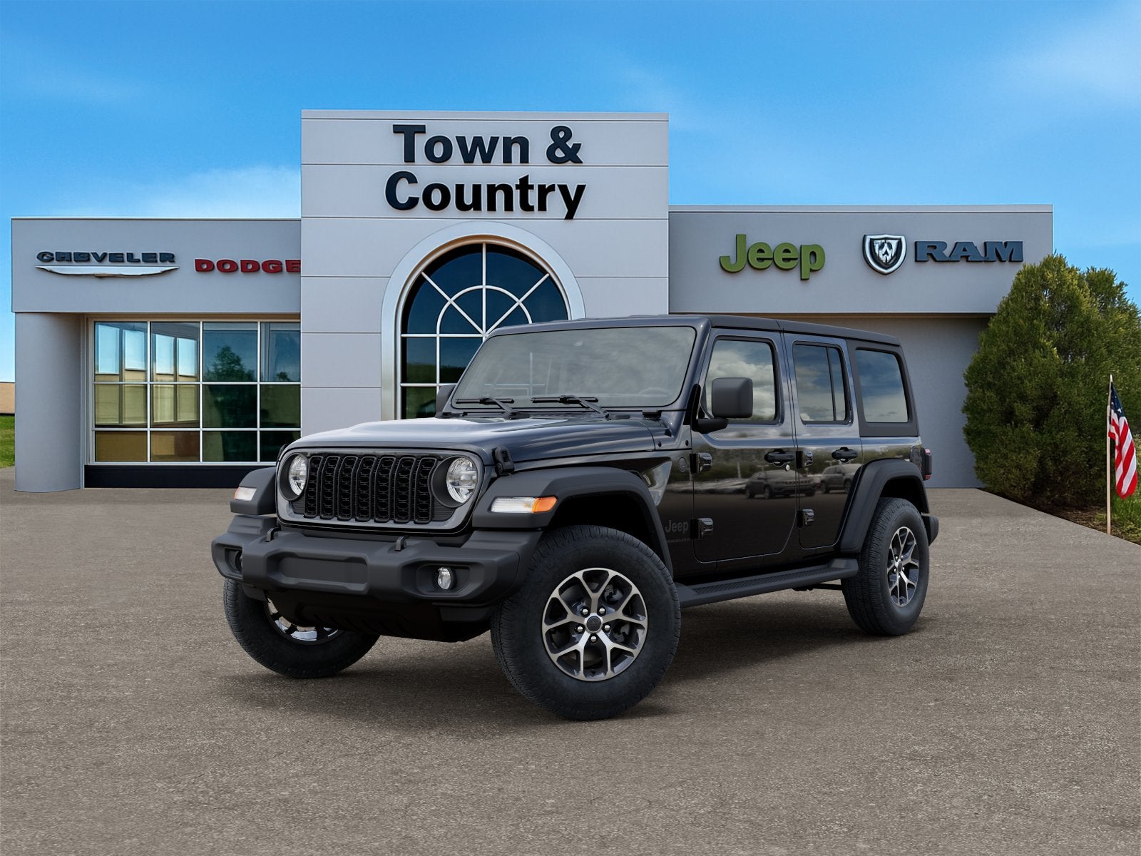 2026 Jeep Wrangler WRANGLER 4-DOOR SPORT S in Black Clear-Coat Exterior Paint — front three-quarter view