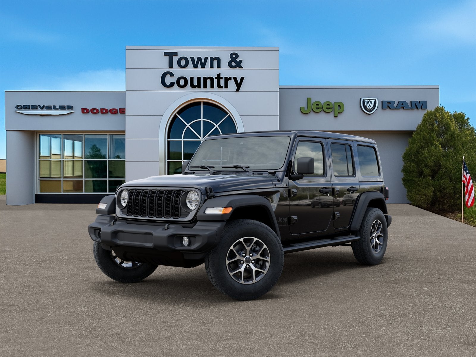 2026 Jeep Wrangler WRANGLER 4-DOOR SPORT S in Black Clear-Coat Exterior Paint — front three-quarter view
