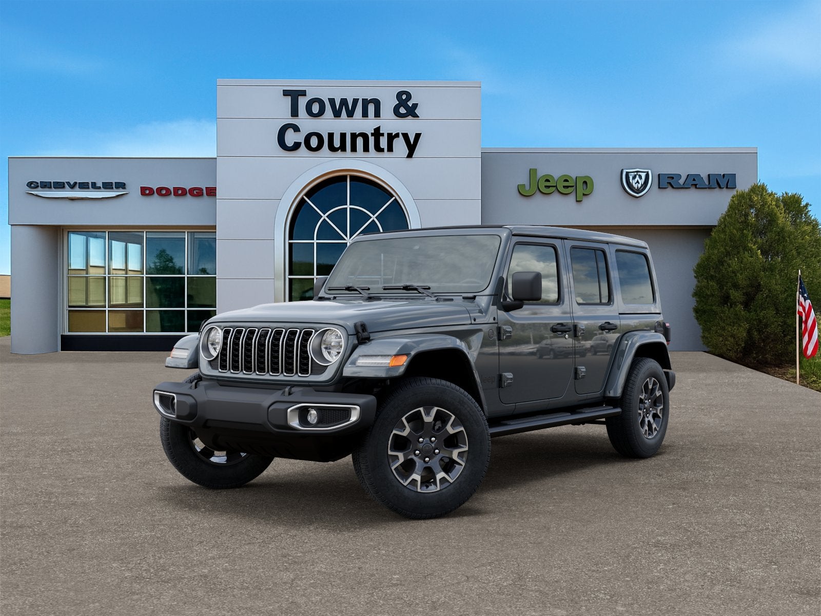 2026 Jeep Wrangler WRANGLER 4-DOOR SAHARA in Anvil Clear-Coat Exterior Paint — front three-quarter view