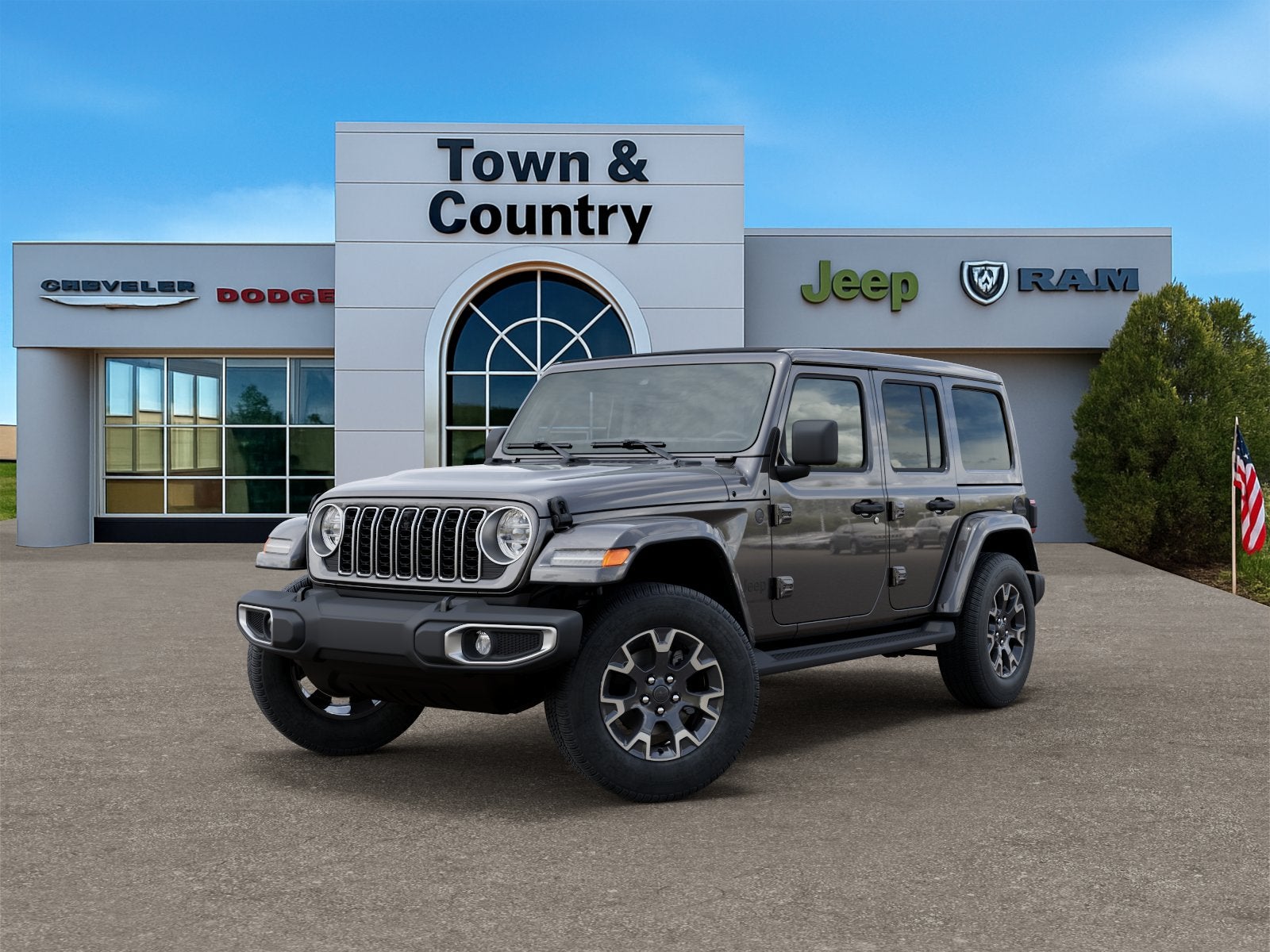 2026 Jeep Wrangler WRANGLER 4-DOOR SAHARA in Granite Crystal Metallic Clear-Coat Exterior Paint — front three-quarter view