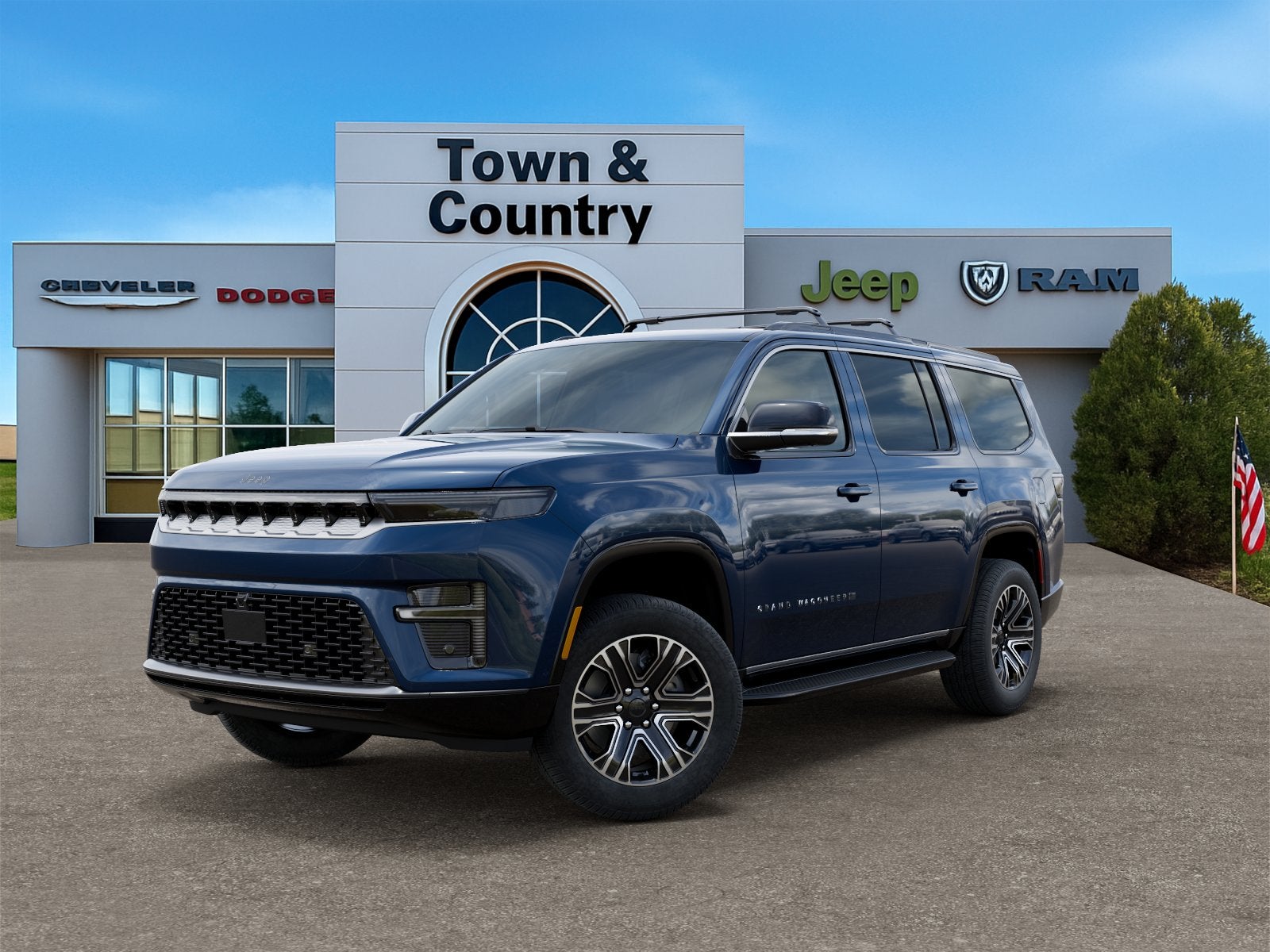 2026 Jeep Grand Wagoneer GRAND WAGONEER 4X4 in Fathom Blue Pearl-Coat Exterior Paint (Late Availability) — front three-quarter view