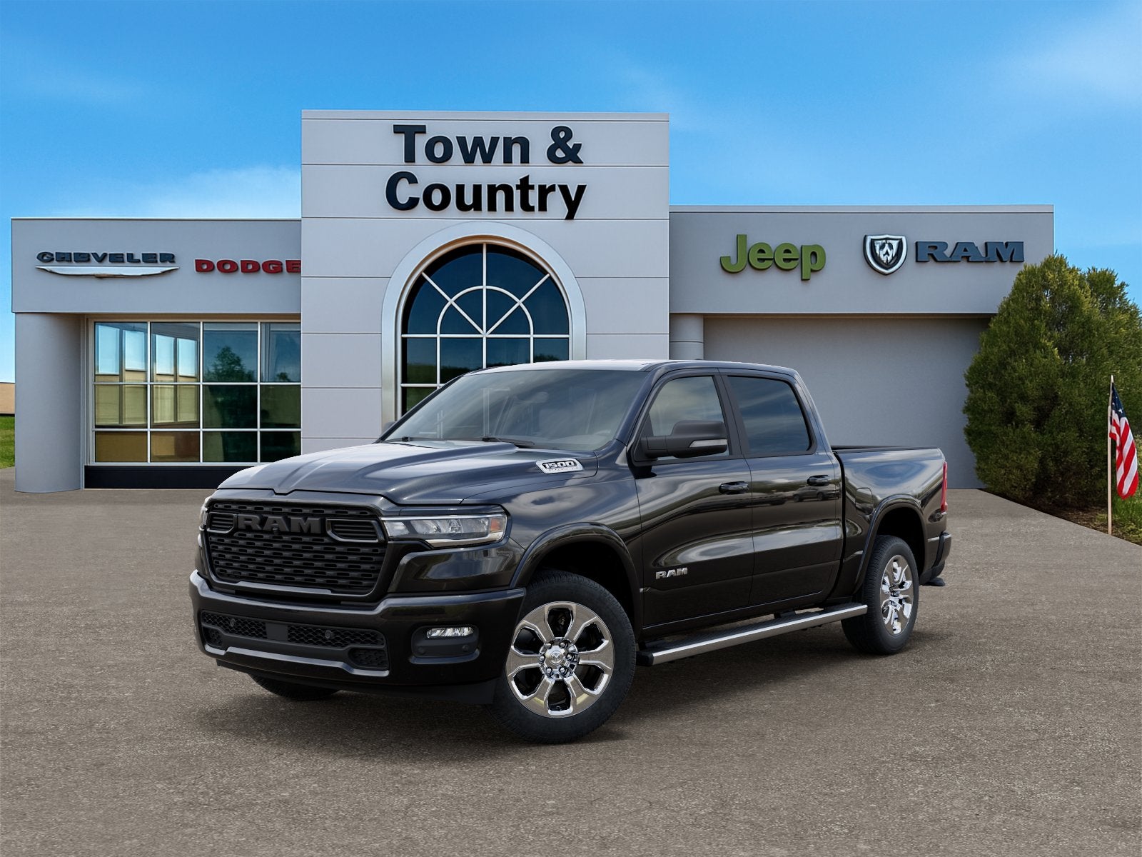 2026 RAM Ram 1500 RAM 1500 BIG HORN CREW CAB 4X4 5'7' BOX in Diamond Black Crystal Pearl-Coat Exterior Paint — front three-quarter view