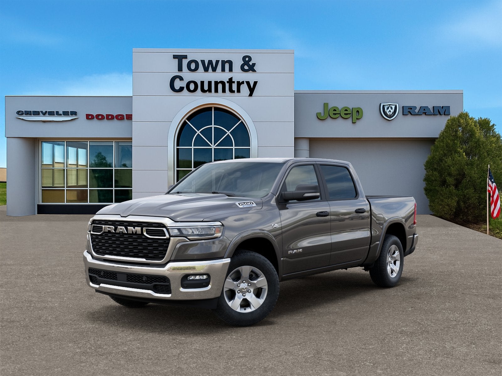 2026 RAM Ram 1500 RAM 1500 BIG HORN CREW CAB 4X4 5'7' BOX in Granite Crystal Metallic Clear-Coat Exterior Paint — front three-quarter view