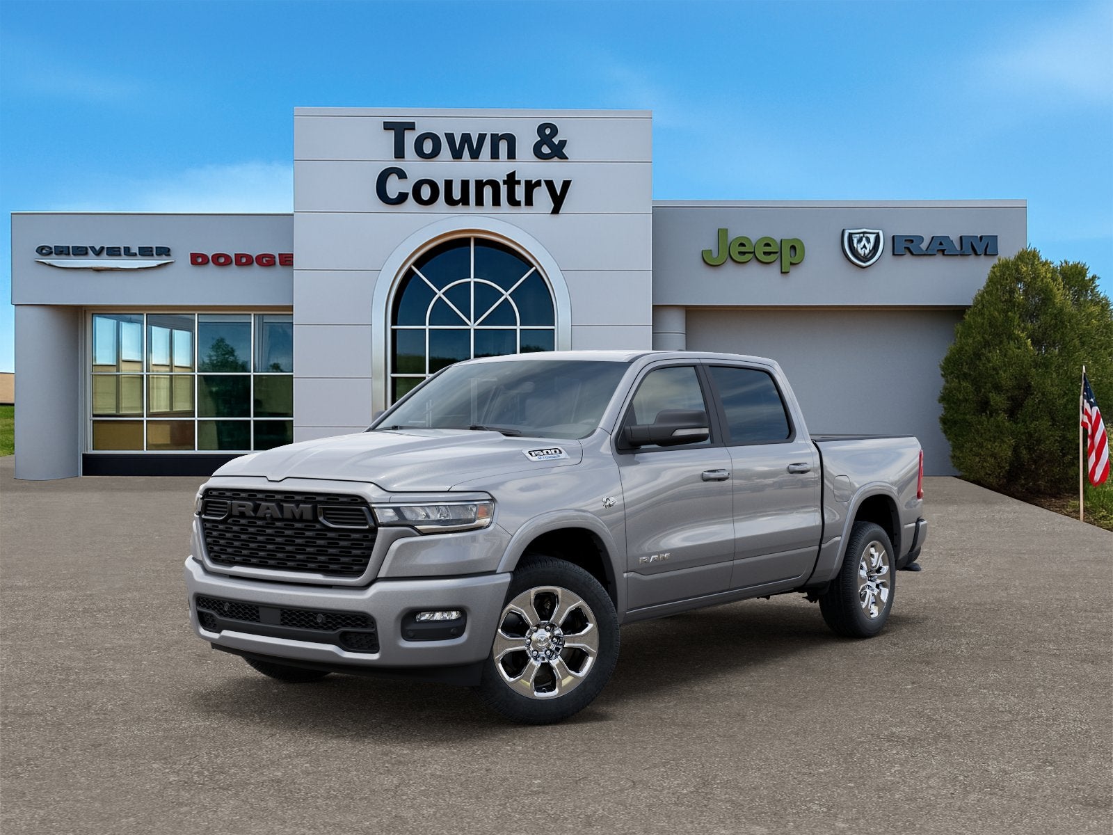 2026 RAM Ram 1500 RAM 1500 BIG HORN CREW CAB 4X4 5'7' BOX in Billet Silver Metallic Clear-Coat Exterior Paint — front three-quarter view