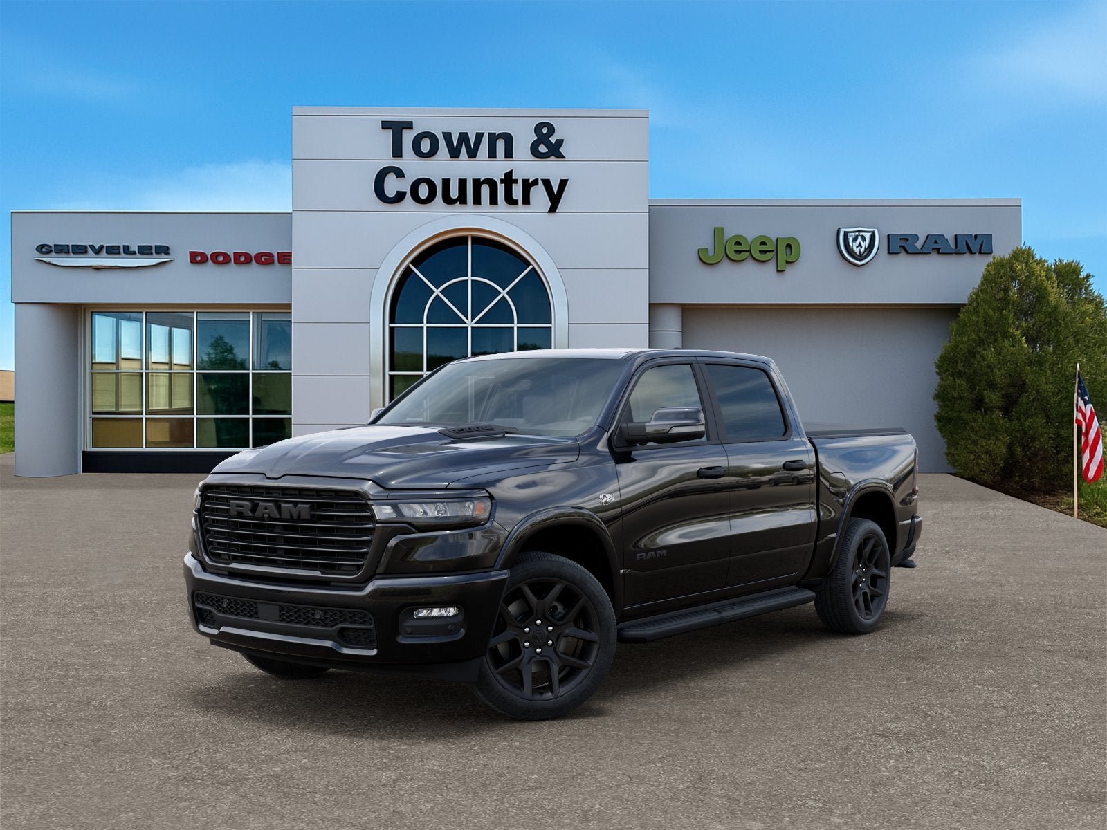 2026 RAM Ram 1500 RAM 1500 LARAMIE CREW CAB 4X4 5'7' BOX in Diamond Black Crystal Pearl-Coat Exterior Paint — front three-quarter view