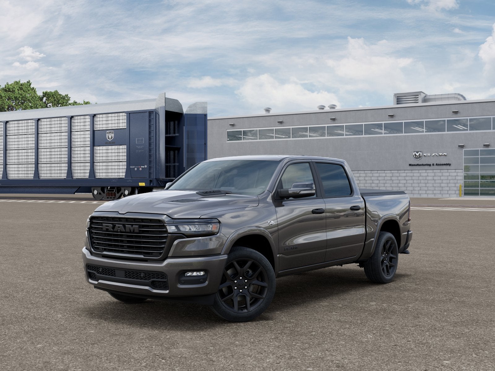 2026 RAM Ram 1500 RAM 1500 LARAMIE CREW CAB 4X4 5'7' BOX in Granite Crystal Metallic Clear-Coat Exterior Paint — front three-quarter view
