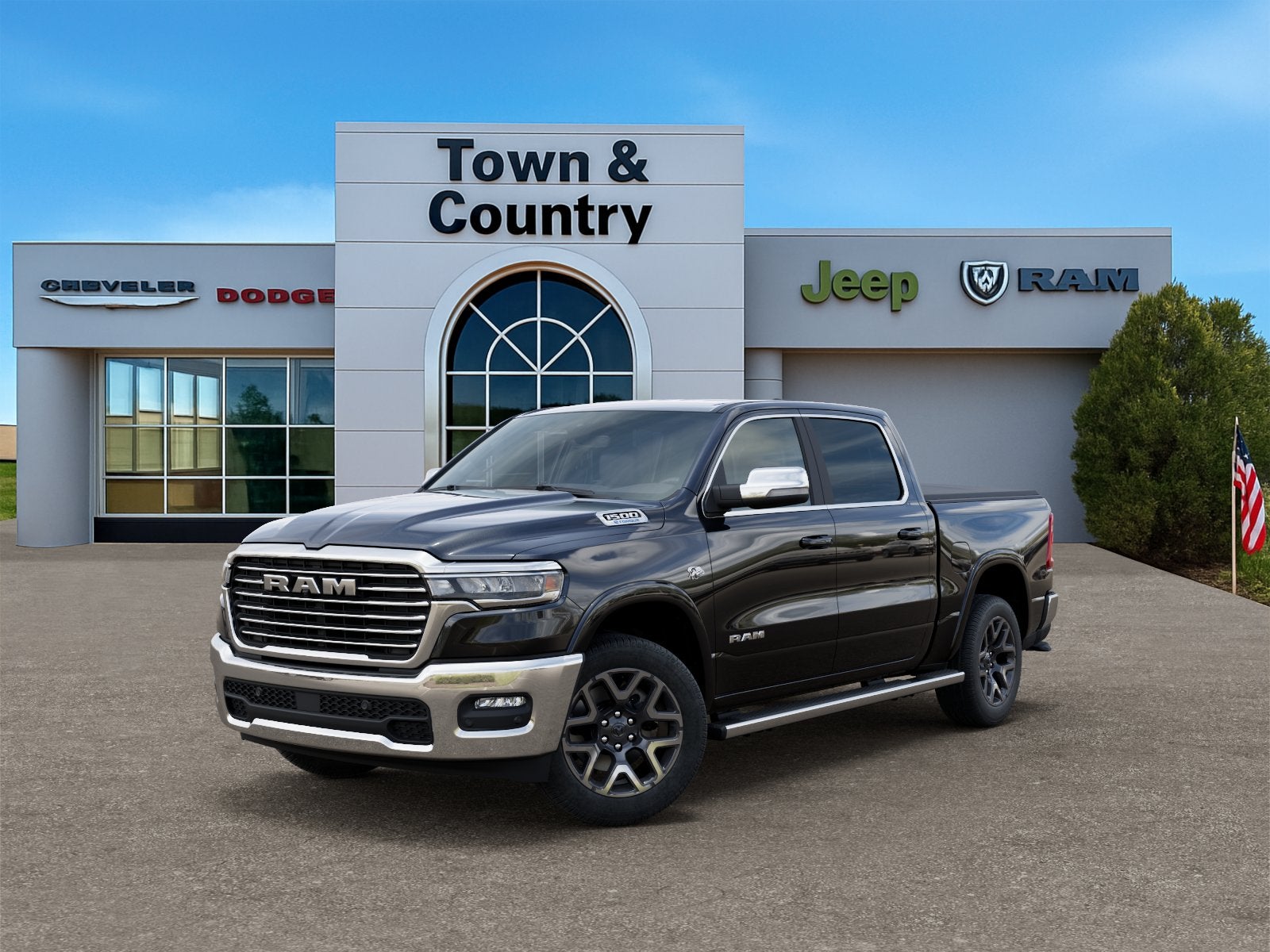 2026 RAM Ram 1500 RAM 1500 LARAMIE CREW CAB 4X4 5'7' BOX in Diamond Black Crystal Pearl-Coat Exterior Paint — front three-quarter view