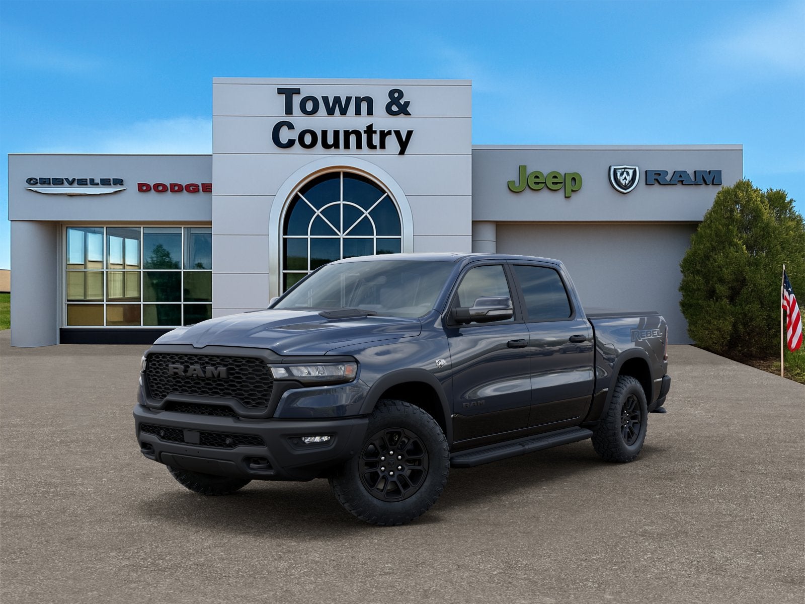 2026 RAM Ram 1500 RAM 1500 REBEL CREW CAB 4X4 5'7' BOX in Forged Blue Metallic Exterior Paint — front three-quarter view