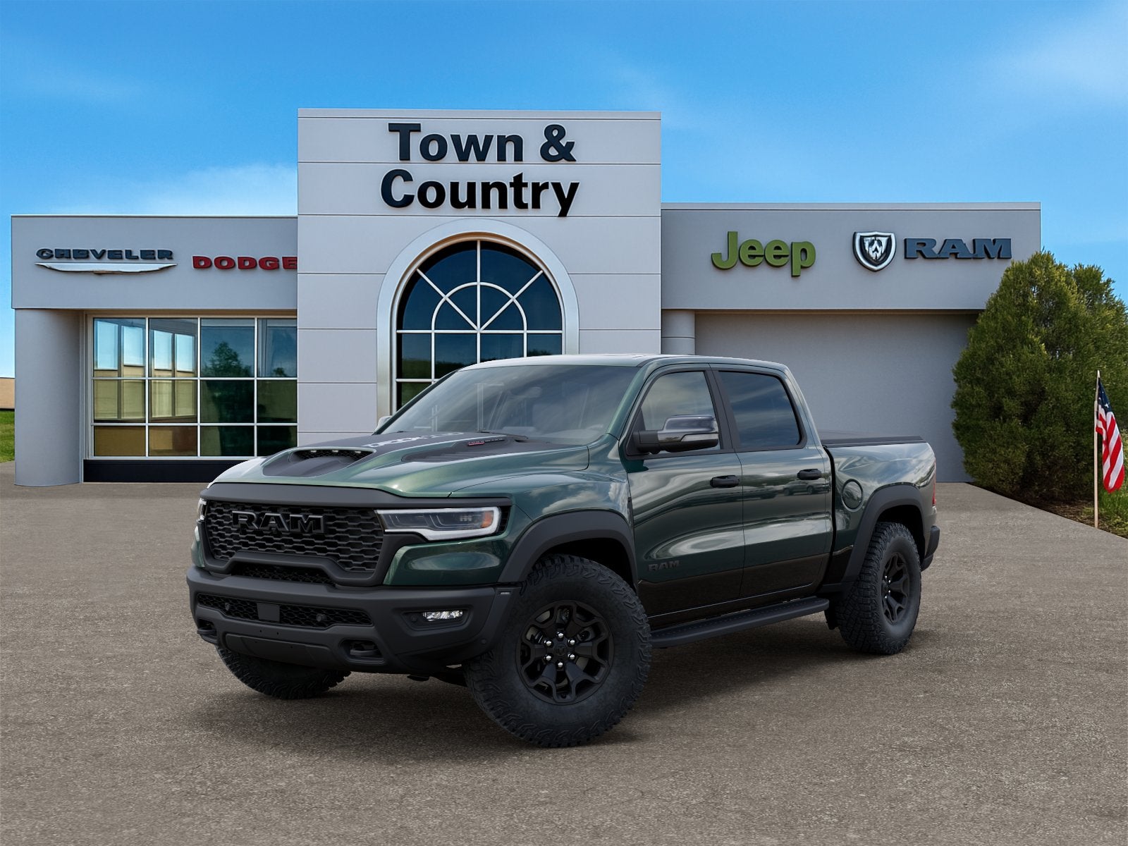 2026 RAM Ram 1500 RAM 1500 RHO CREW CAB 4X4 5'7' BOX in Serrano-Green Metallic Exterior Paint — front three-quarter view