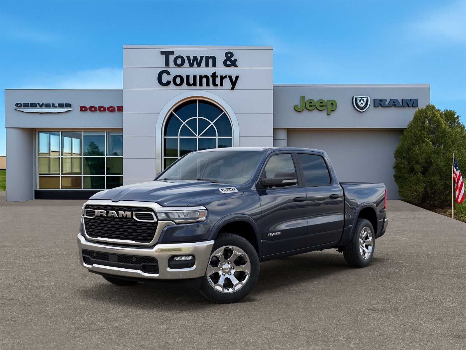 2026 RAM Ram 1500 RAM 1500 BIG HORN CREW CAB 4X4 5'7' BOX in Forged Blue Metallic Exterior Paint — front three-quarter view