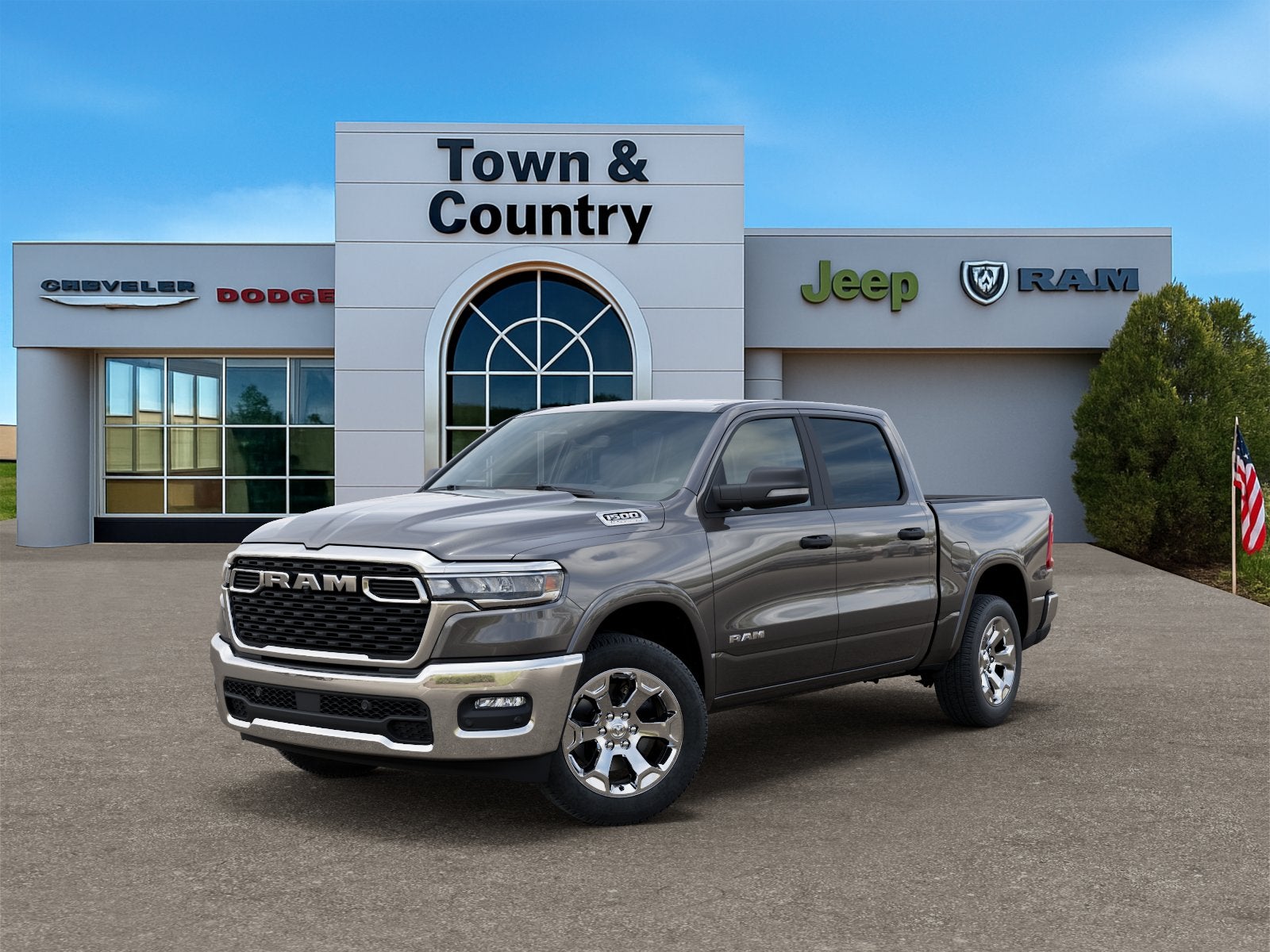 2026 RAM Ram 1500 RAM 1500 BIG HORN CREW CAB 4X4 5'7' BOX in Granite Crystal Metallic Clear-Coat Exterior Paint — front three-quarter view