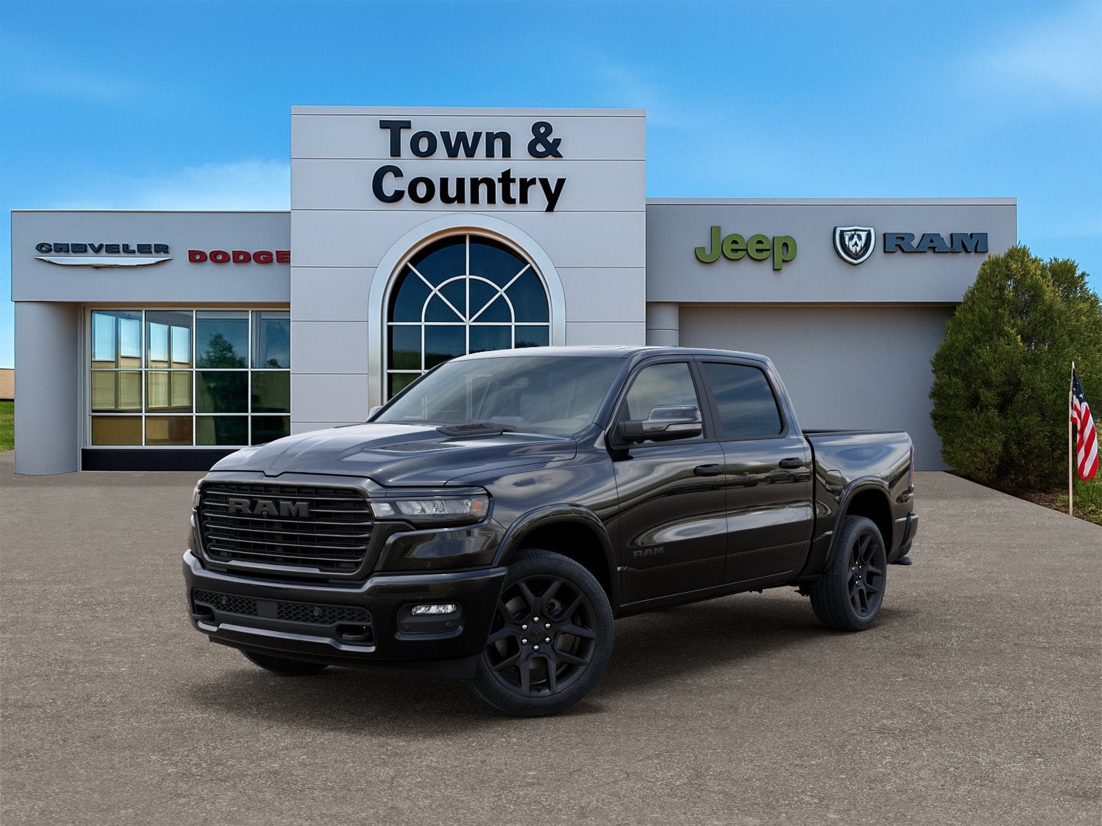 2026 RAM Ram 1500 RAM 1500 LARAMIE CREW CAB 4X4 5'7' BOX in Diamond Black Crystal Pearl-Coat Exterior Paint — front three-quarter view