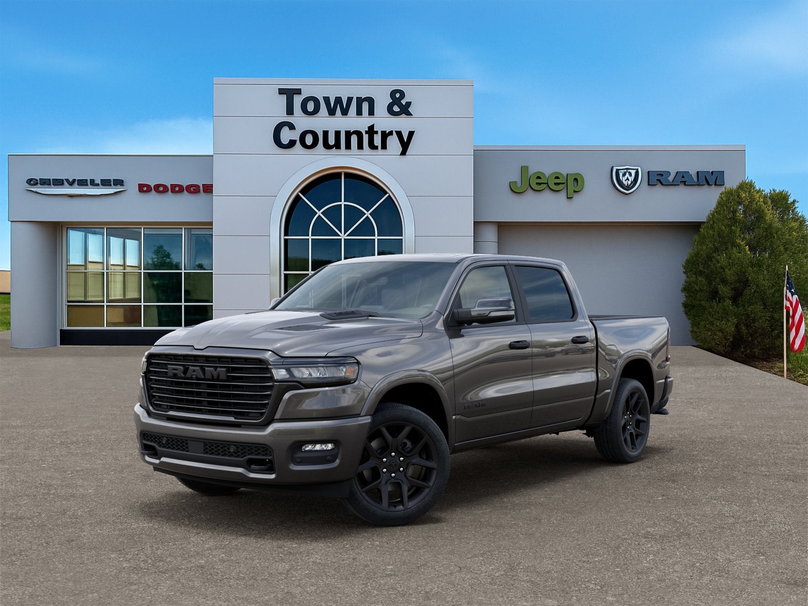 2026 RAM Ram 1500 RAM 1500 LARAMIE CREW CAB 4X4 5'7' BOX in Granite Crystal Metallic Clear-Coat Exterior Paint — front three-quarter view