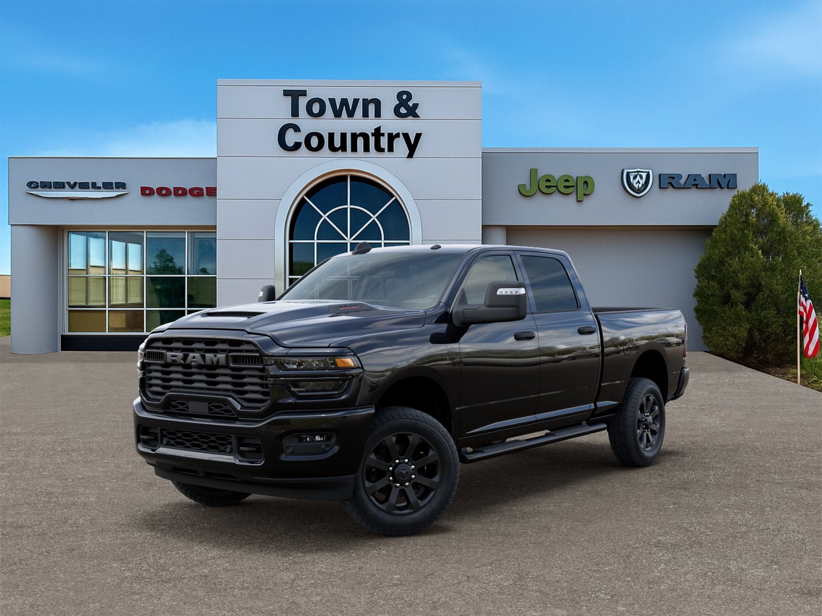 2026 RAM Ram 2500 RAM 2500 BLACK EXPRESS CREW CAB 4X4 6'4' BOX in Diamond Black Crystal Pearl-Coat Exterior Paint — front three-quarter view