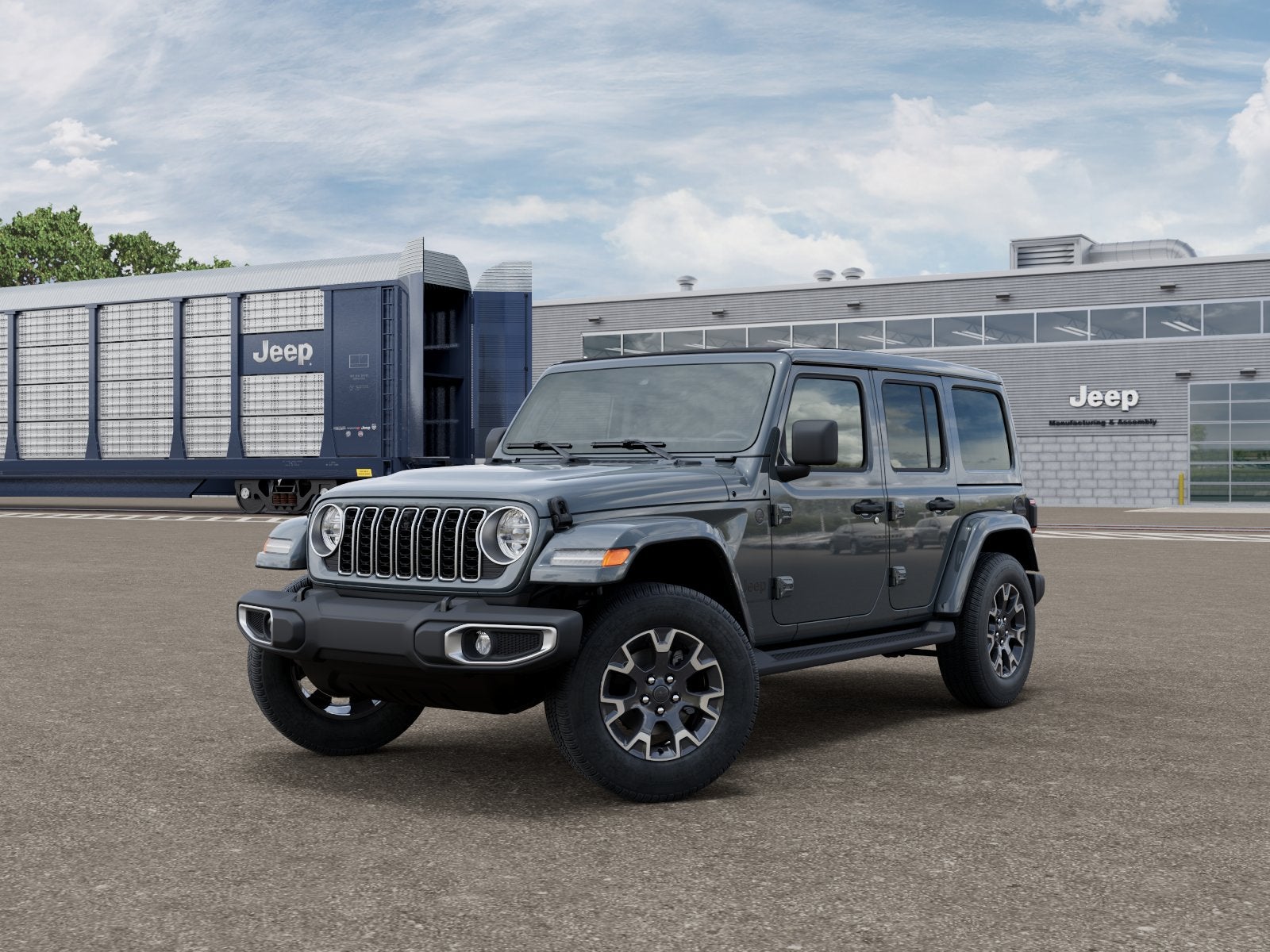 2026 Jeep Wrangler WRANGLER 4-DOOR SAHARA in Anvil Clear-Coat Exterior Paint — front three-quarter view