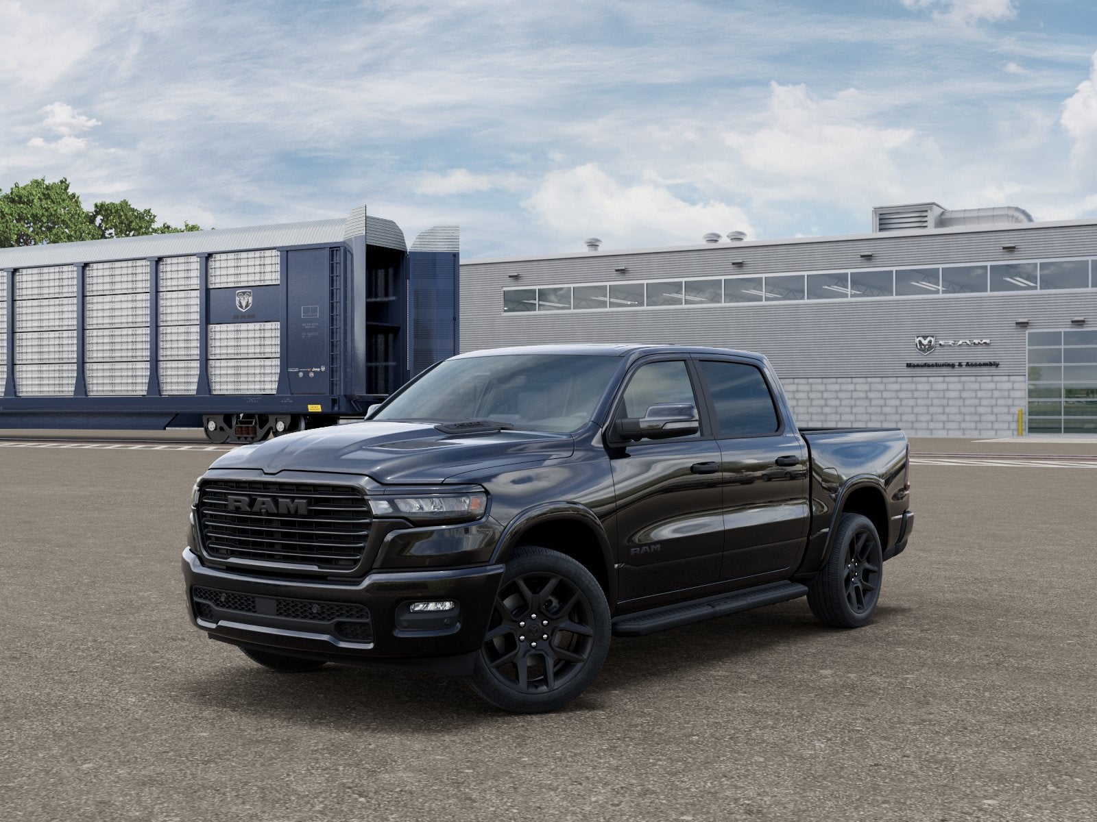 2026 RAM Ram 1500 RAM 1500 LARAMIE CREW CAB 4X4 5'7' BOX in Diamond Black Crystal Pearl-Coat Exterior Paint — front three-quarter view