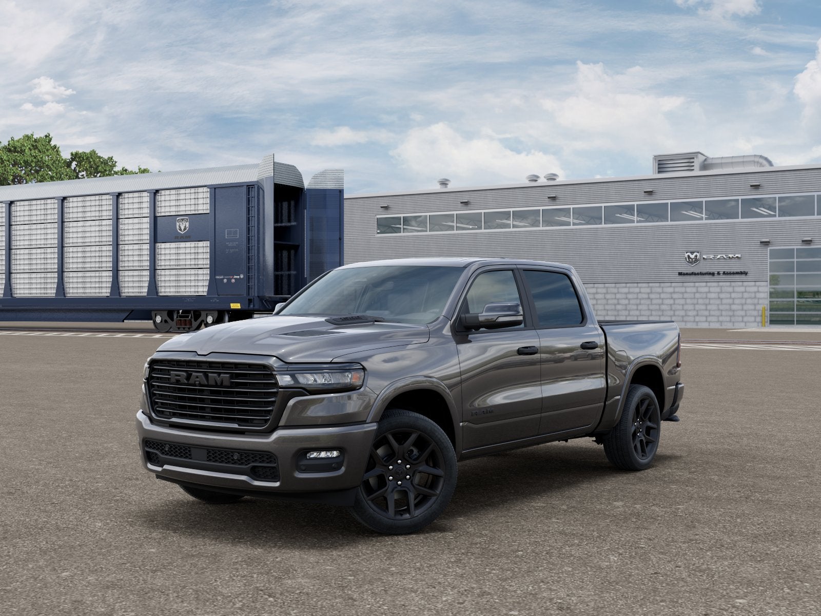 2026 RAM Ram 1500 RAM 1500 LARAMIE CREW CAB 4X4 5'7' BOX in Granite Crystal Metallic Clear-Coat Exterior Paint — front three-quarter view